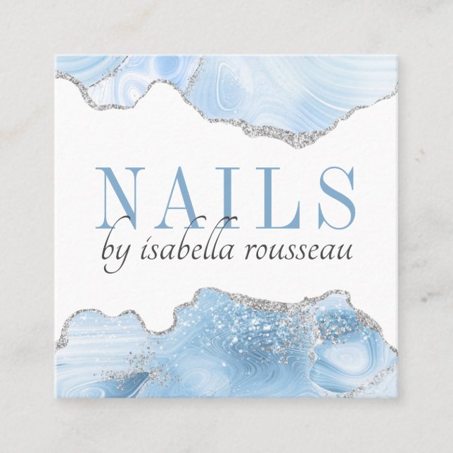 Blue Agate Silver Glitzer Nails Manicurist Square Quadratische Visitenkarte (Vorderseite)