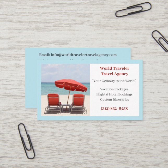 Blue Agent Travel Agency Red Beach Chairs Visitenkarte (Vorderseite/Rückseite Beispiel)