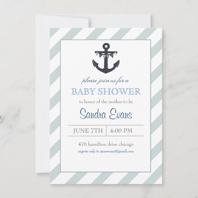 Blue Ahoy Anchor Baby Dusche Einladung (Vorderseite)