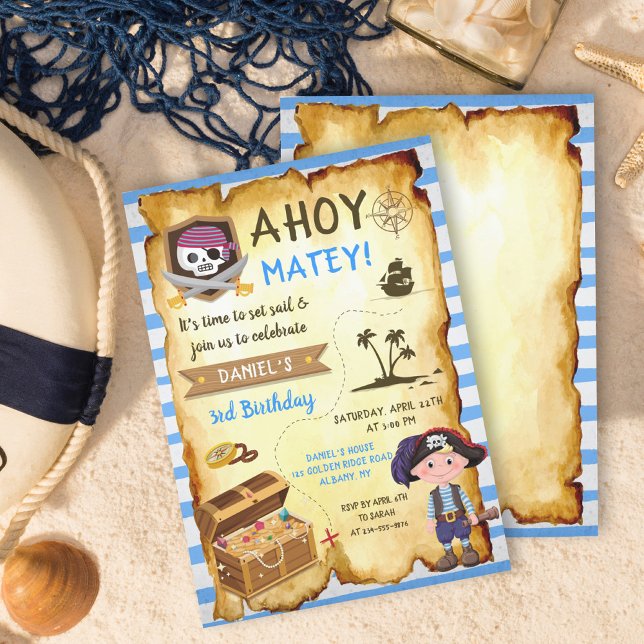 Blue Ahoy Treasure Map Boys Pirate Birthday Einladung (Von Creator hochgeladen)
