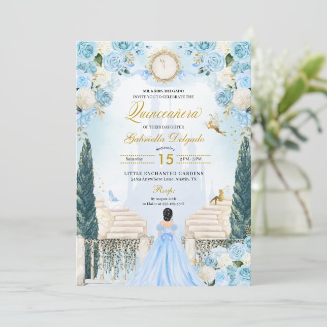 Blue Ainderella Princess Fairy Quinceanera Einladung (Stehend Vorderseite)