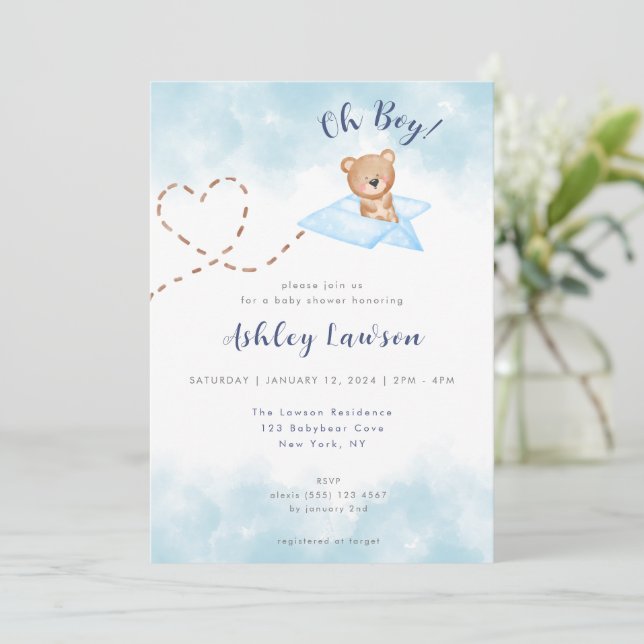 Blue Airplane Bear Baby Shower Einladung Boy (Stehend Vorderseite)
