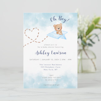 Blue Airplane Bear Baby Shower Einladung Boy