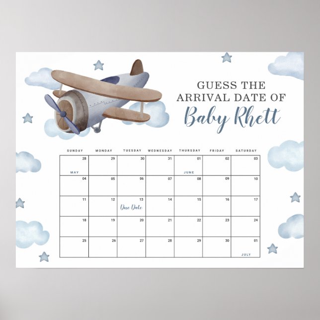 Blue Airplane Showrate Baby Due Date Calendar Poster (Vorne)