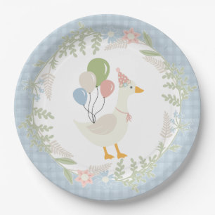 Blue Albern Gänse Floral Gingham Party Pappteller