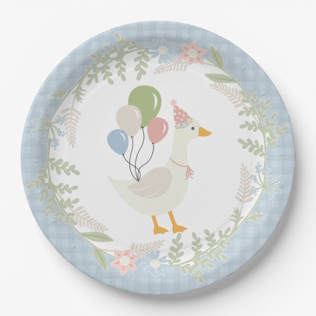 Blue Albern Gänse Floral Gingham Party Pappteller (Vorderseite)