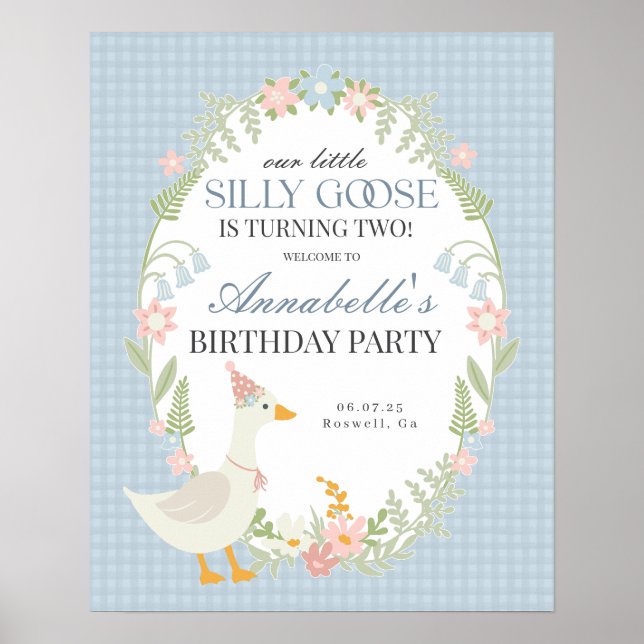 Blue Albern Goose Gingham Birthday Welcome Sign Poster (Vorne)