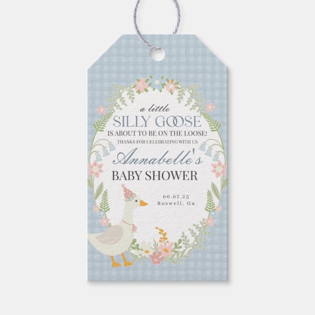 Blue Albern Gose Floral Gingham Baby Dusche Gefall Geschenkanhänger (Vorderseite)