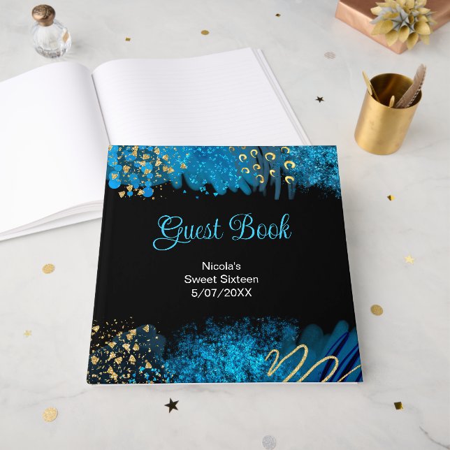 Blue Alcohol Ink Sweet 16 Birthday Party Gästebuch (Vorderseite offen)