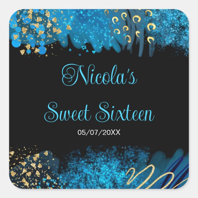 Blue Alcohol Ink Sweet 16 Birthday Party Quadratischer Aufkleber (Vorderseite)