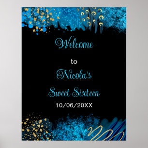 Blue Alcohol Ink Sweet 16 Geburtstagsparty Willkom Poster