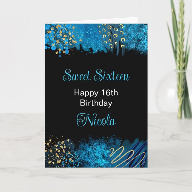 Blue Alcohol Ink Sweet 16 Karte (Vorderseite)