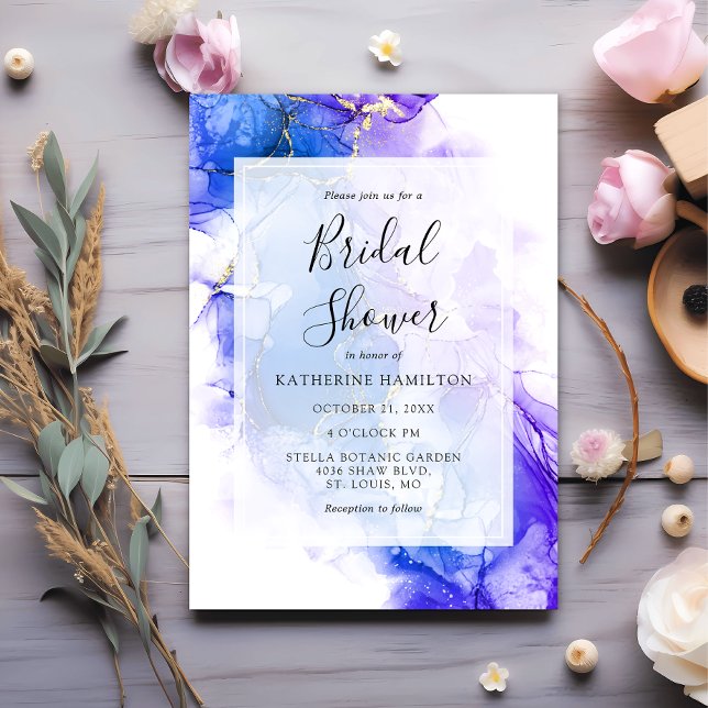 Blue Alcohol Ink Winter Gold Brautparty Einladung (Von Creator hochgeladen)