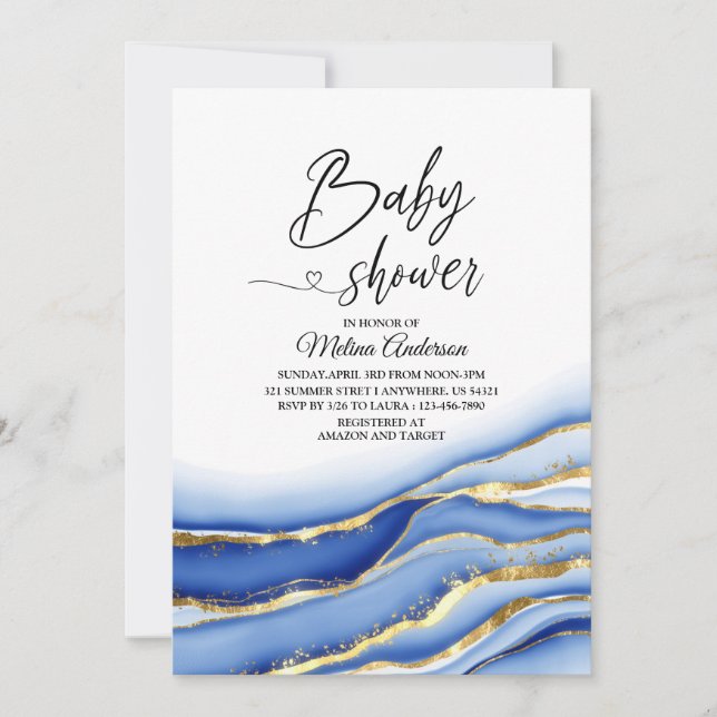 Blue Alcohol Tinte Textur Aquarell Babydusche Einladung (Vorderseite)