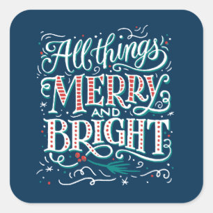 Blue All Things Merry & Bright Weihnachtsaufkleber Quadratischer Aufkleber