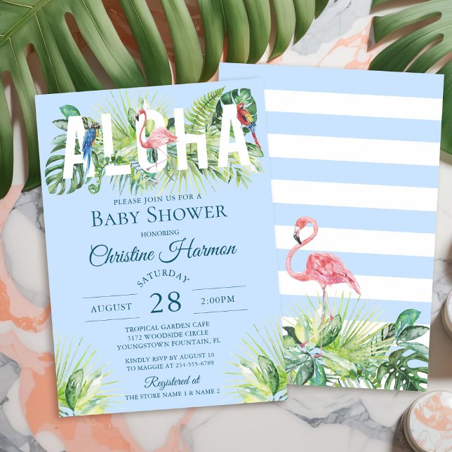 Blue Aloha Flamingo Tropical Birds Boy Baby Dusche Einladung (Von Creator hochgeladen)