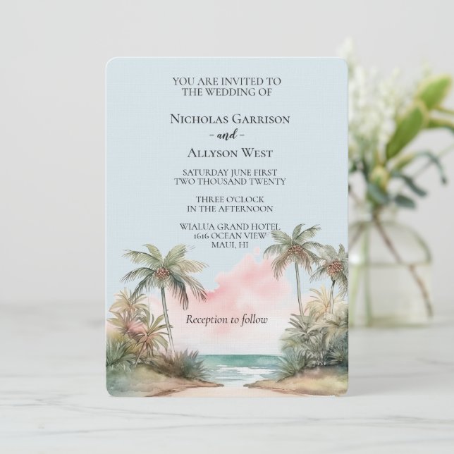 Blue Aloha Tropical Beach Palm Trees Wedding Einladung (Stehend Vorderseite)