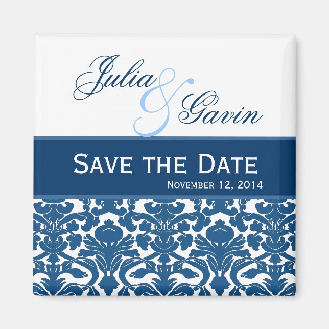 Blue amd White Damask Save the Date Wedding V397 Magnet (Vorne)
