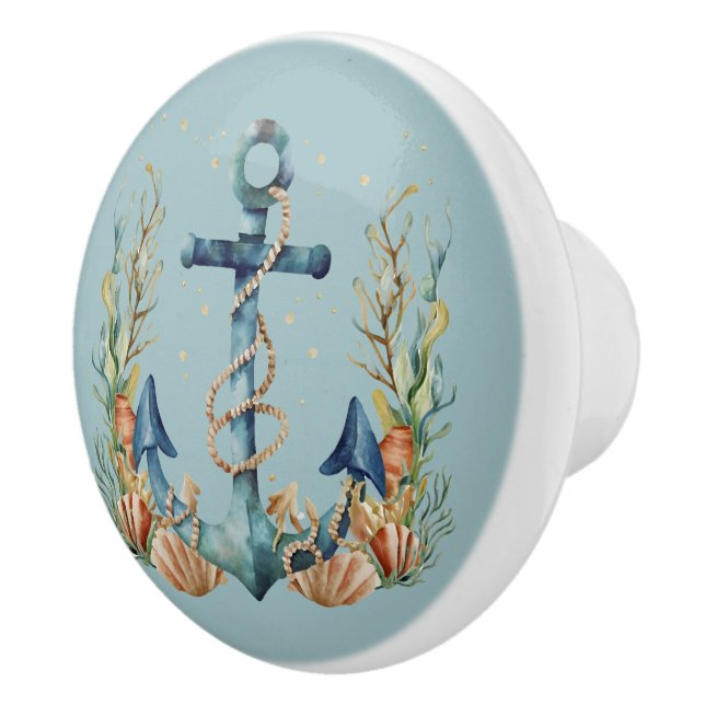 Blue Anchor and Seashells on Turnquoise Keramikknauf (Rechts)