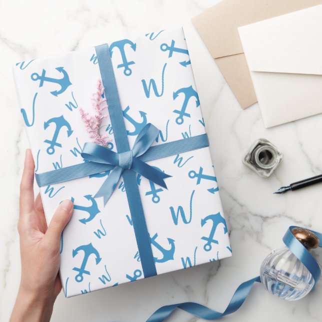 Blue Anchor & Monogram Geschenkpapier (Schenken)