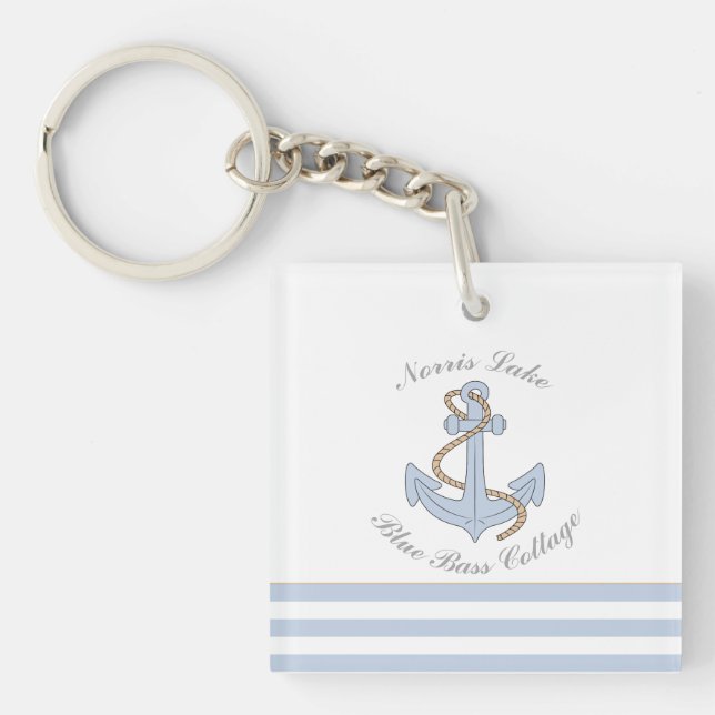 Blue Anchor Nautical Stripes Lake Beach House Name Schlüsselanhänger (Vorderseite)