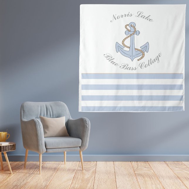 Blue Anchor Nautical Stripes Lake Beach House Name Wandteppich (Von Creator hochgeladen)
