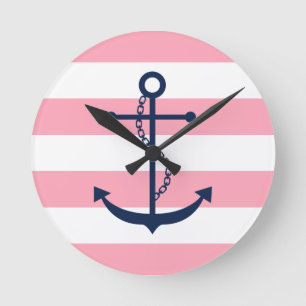 Blue Anchor on Pink Stripes Runde Wanduhr