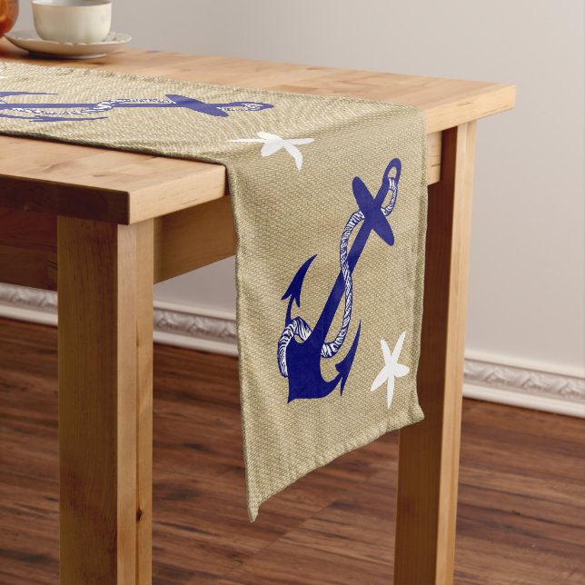 Blue Anchor & White Starfish Nautical "Burlap" Kurzer Tischläufer (Beispiel)