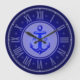 Blue anchor with initials Nautical Gifts Große Wanduhr