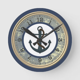 Blue Anchor with Rope Nautical Wall Clock Runde Wanduhr