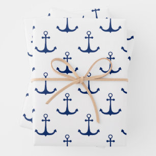 Blue Anchors on White Background Nautical Theme Geschenkpapier Set