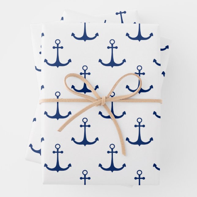 Blue Anchors on White Background Nautical Theme Geschenkpapier Set (Beispiel)