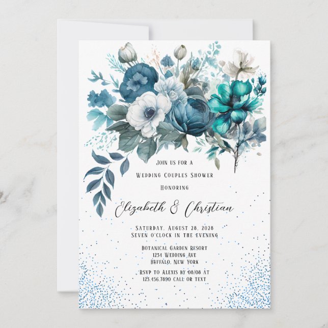 Blue and Aquamarin Peony Glitzer Wedding Couples D Einladung (Vorderseite)