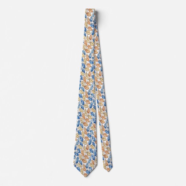 Blue and Beige Leaf Men's Tie Krawatte (Vorderseite)