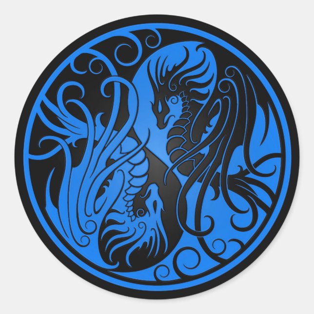 Blue and Black Flying Yin Yang Dragons Runder Aufkleber (Vorderseite)