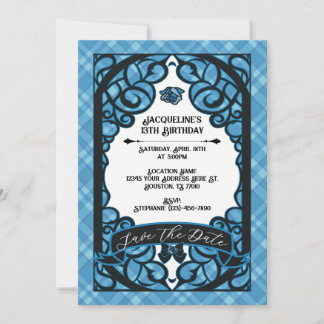 Blue and Black Gated Rose Princess Birthday  Einladung