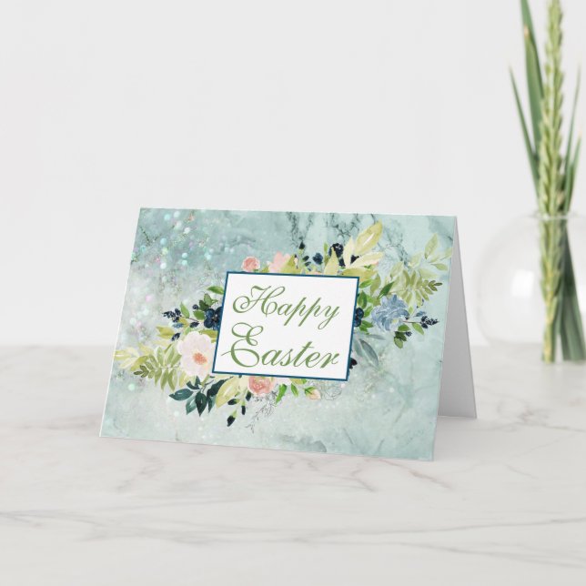 Blue and Blush Watercolor Spring Bouquet Oster Karte (Vorderseite)