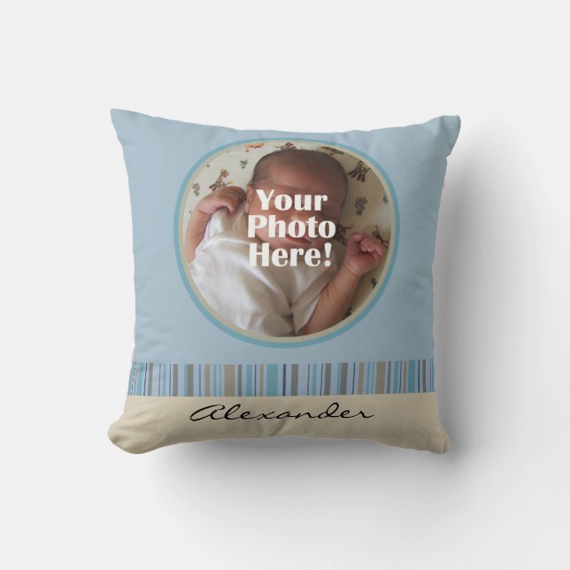 Blue and Brown Baby Boy Custom Foto/Name Pillow Kissen (Vorderseite)