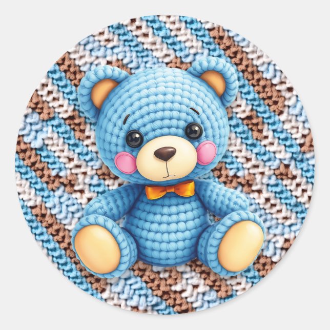 Blue and Brown Crocheted Teddy Bear  Runder Aufkleber (Vorderseite)