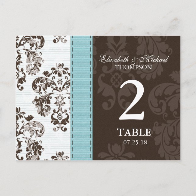 Blue and Brown Damask Wedding Tischnummer (Vorderseite)
