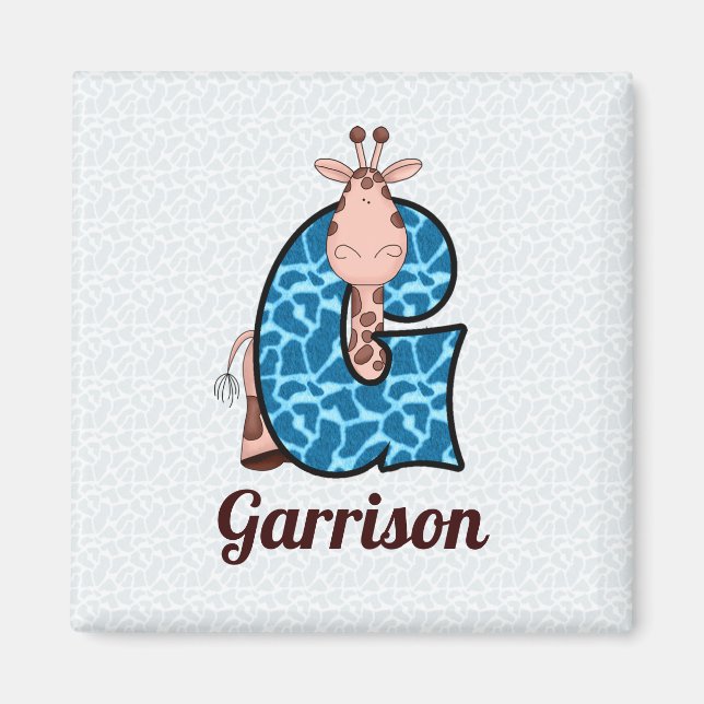 Blue and Brown Giraffe Monogram G Childrens Magnet (Vorne)