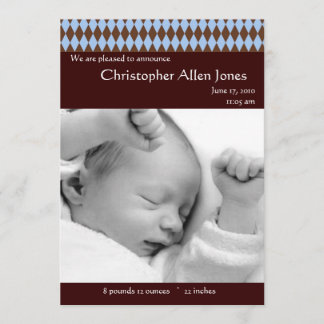 Blue and Brown Raute Baby Boy Birth Ankündigung