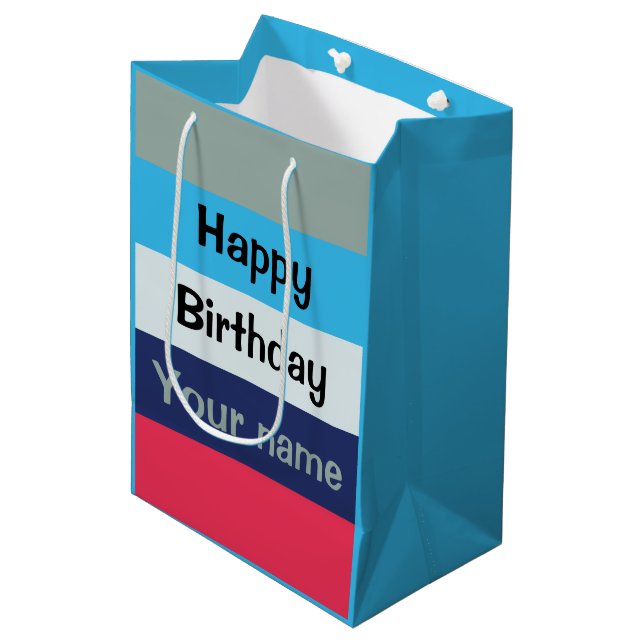Blue and Burgundy Happy Birthday Mittlere Geschenktüte (Vorderseite Schrägansicht)