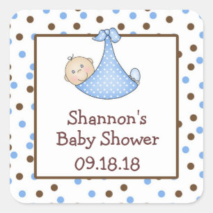 Blue and Chocolate Brown Baby Dusche Gefallen Quadratischer Aufkleber