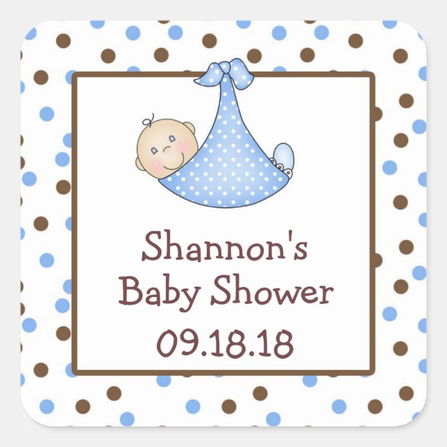 Blue and Chocolate Brown Baby Dusche Gefallen Quadratischer Aufkleber (Vorderseite)