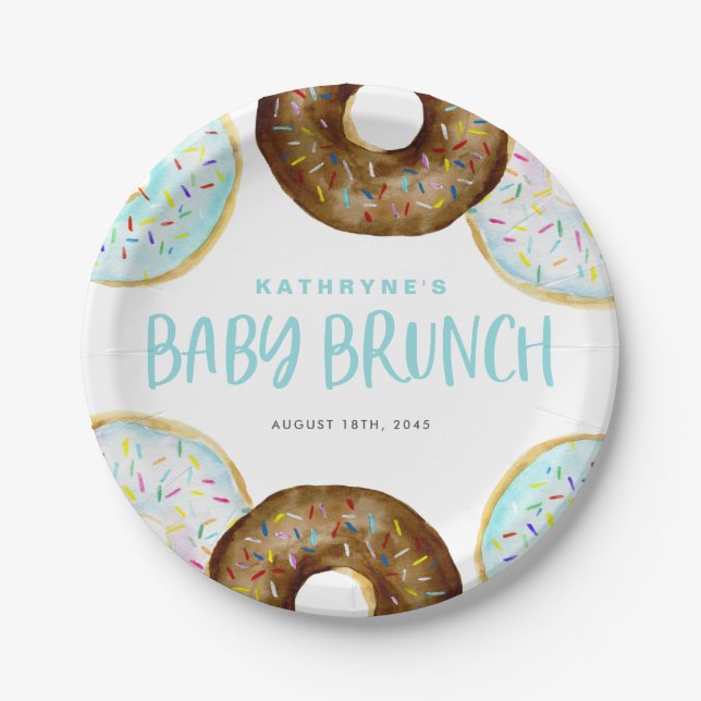 Blue and Chocolate Sprinkle Donuts Baby Brunch Pappteller (Vorderseite)