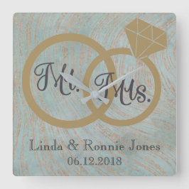 Blue and Copper Mr. and Mrs. Wedding Quadratische Wanduhr