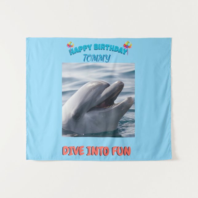 Blue and Coral Dolphin Birthday Splash Wandteppich (Vorderseite (Horizontal))