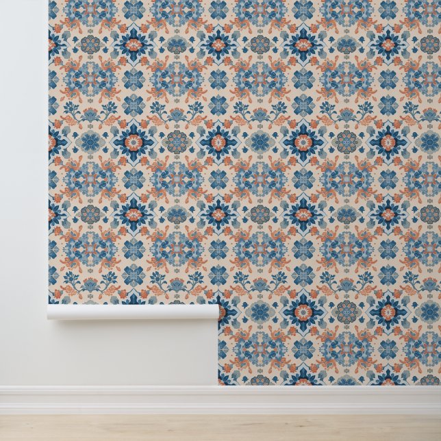Blue and Coral Floral Medley Tapete (Anwendung)