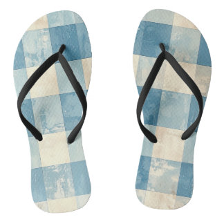Blue and cream checkered pattern flip flops